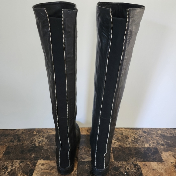 Stuart Weitzman Black Leather Knee-High Boots With Silver Bead Trim Size 7 1/2 - Picture 4 of 13